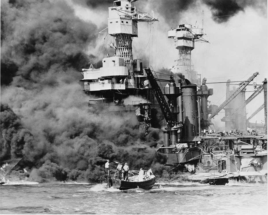 USS West Virginia burning at Pearl Harbor, December 7, 1941